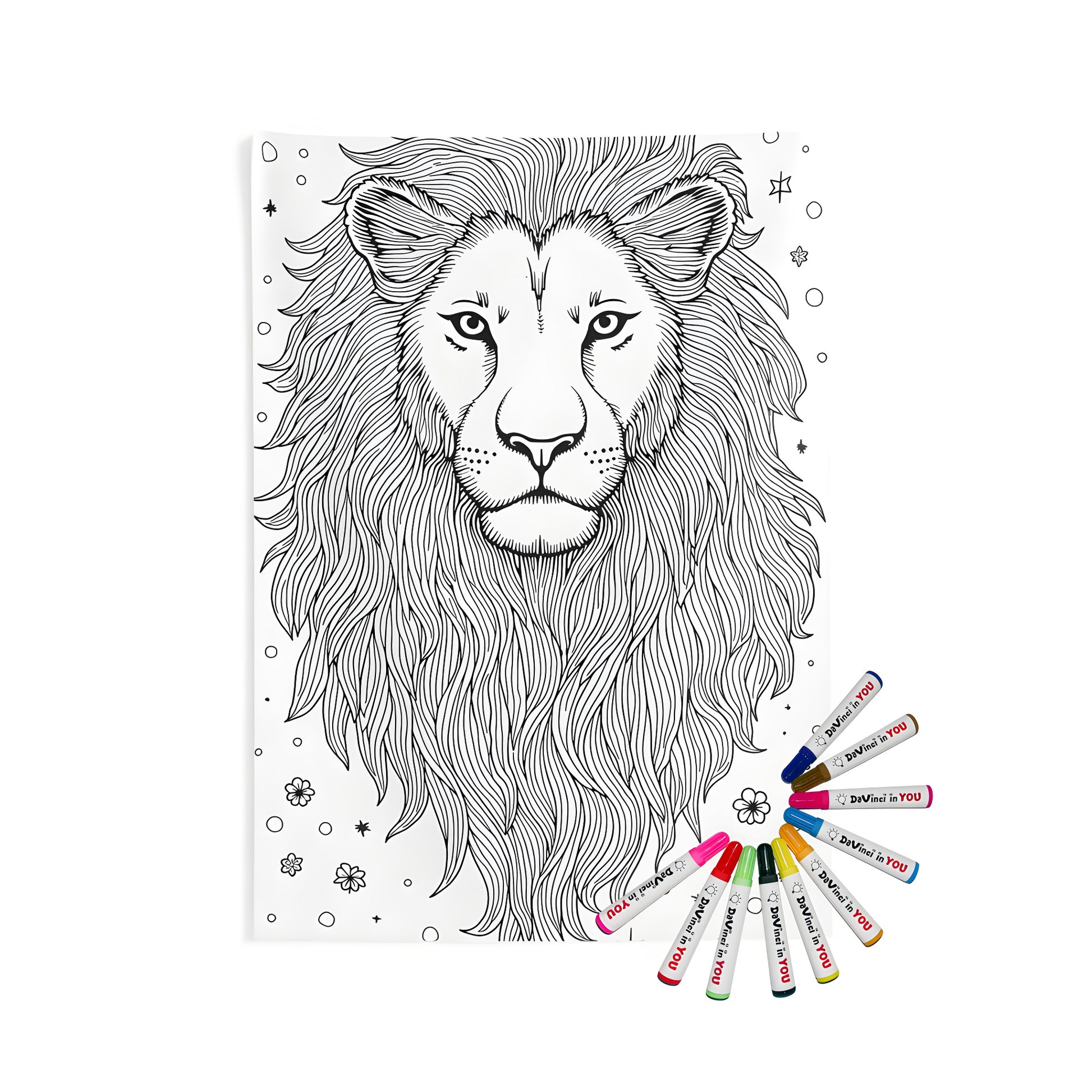Lion's Head Coloring Page Artwork for Indoor Wall Tapestry - Detailed Line Drawing