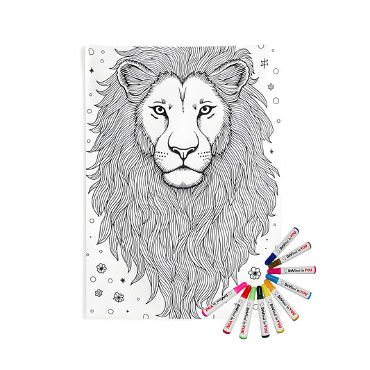 Lion's Head Coloring Page Artwork for Indoor Wall Tapestry - Detailed Line Drawing