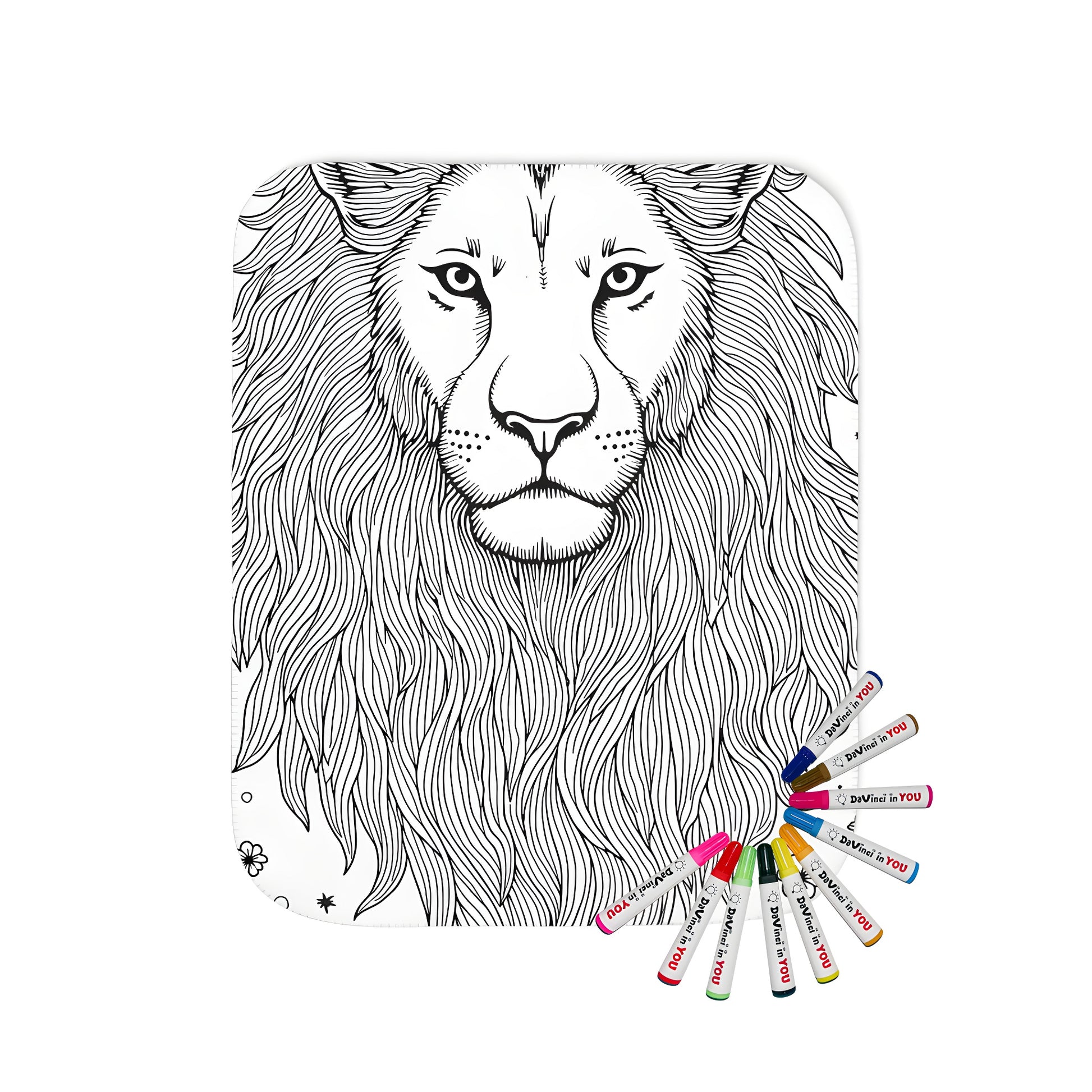 Blanket with lion design featuring a detailed line drawing of a majestic lions head surrounded by stars and flowers
