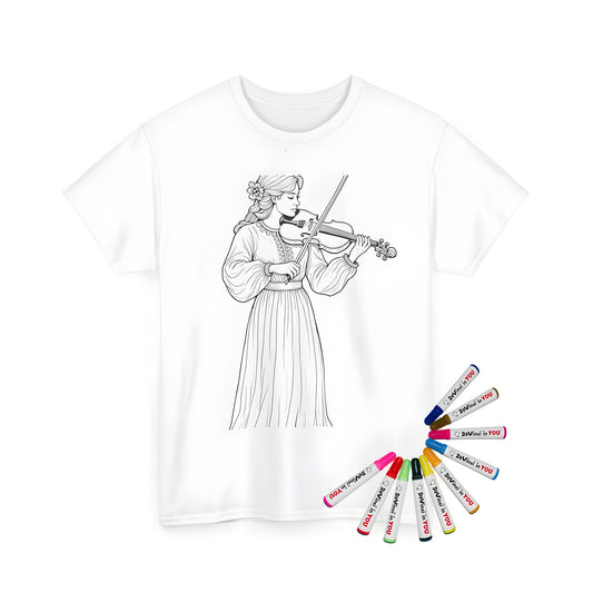 Unisex T-shirt with coloring page design of a young girl playing a violin