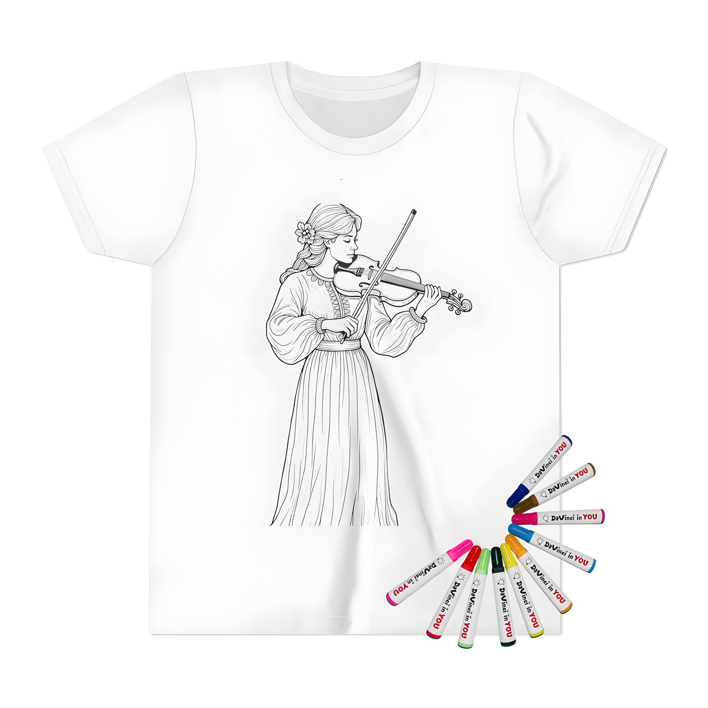 A kid's t-shirt featuring a young girl playing a violin in a beautiful illustration. Perfect for music lovers and kids who adore the arts.