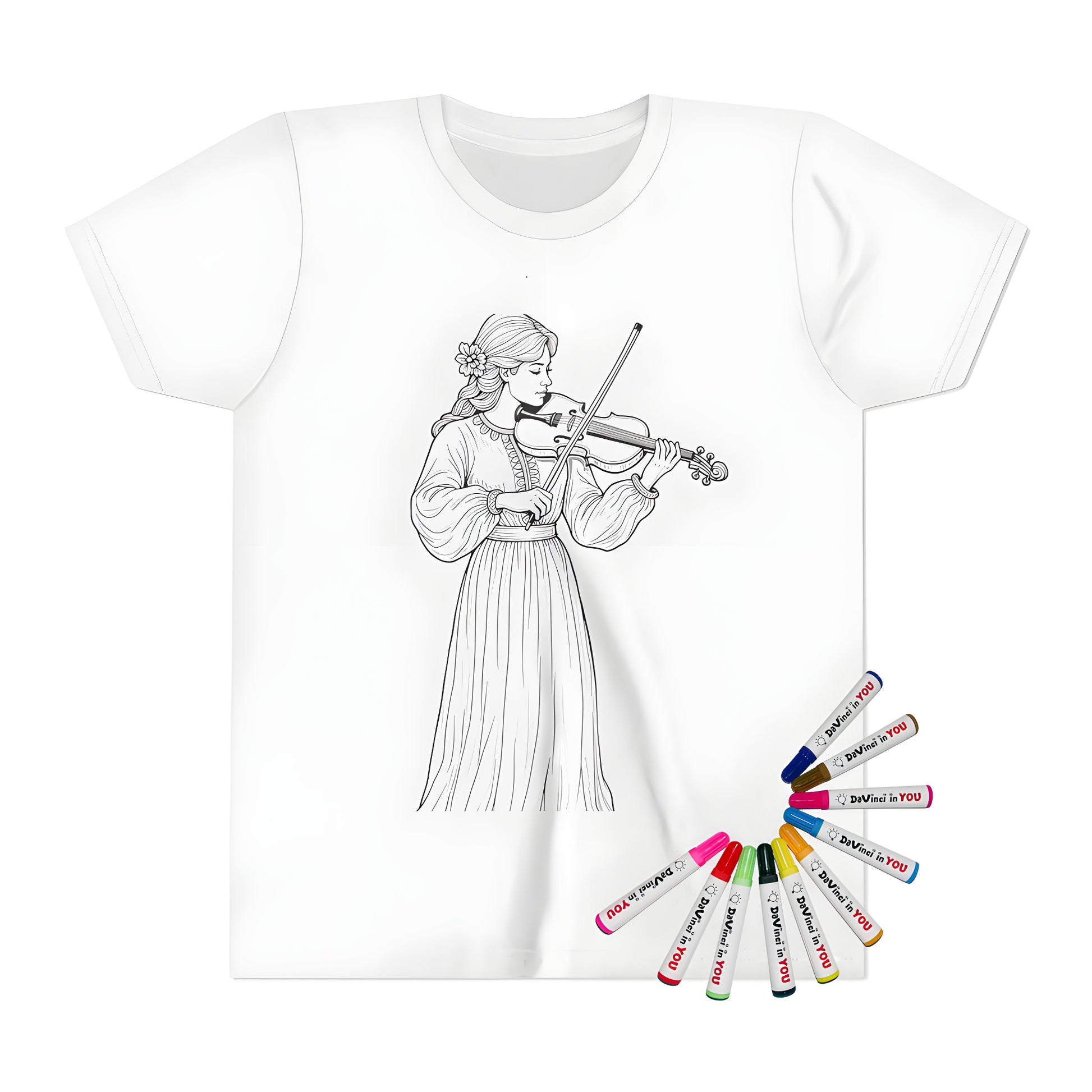A kid's t-shirt featuring a young girl playing a violin in a beautiful illustration. Perfect for music lovers and kids who adore the arts.