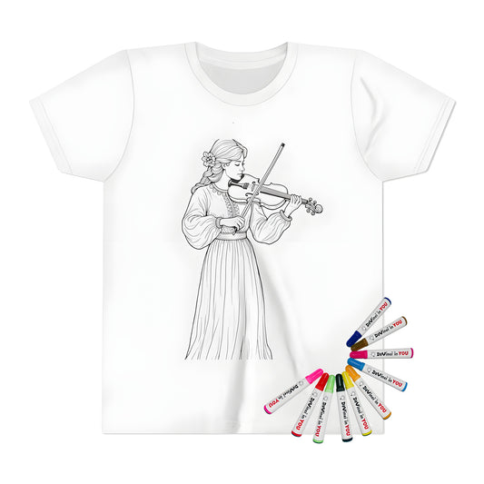 A kid's t-shirt featuring a young girl playing a violin in a beautiful illustration. Perfect for music lovers and kids who adore the arts.
