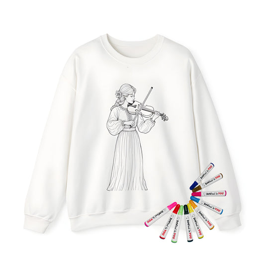 Adult sweatshirt featuring a young girl playing a violin in a detailed long dress
