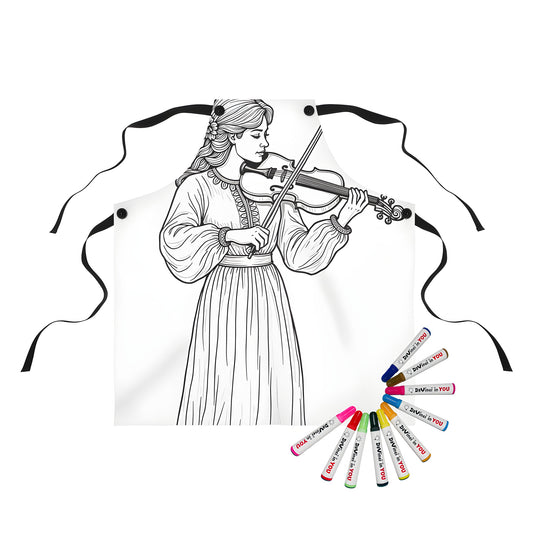 Apron with a beautiful young girl playing a violin in a detailed long dress - coloring kit