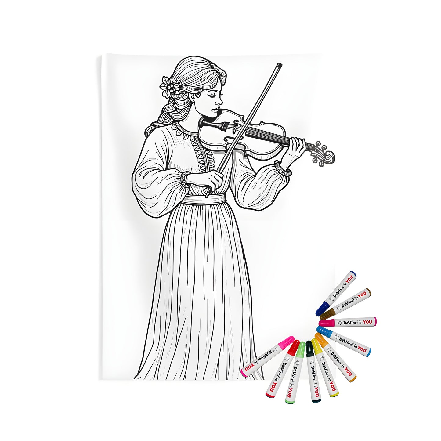 Indoor wall tapestry featuring a young girl playing a violin in a detailed long dress, perfect for music lovers and artistic expression enthusiasts
