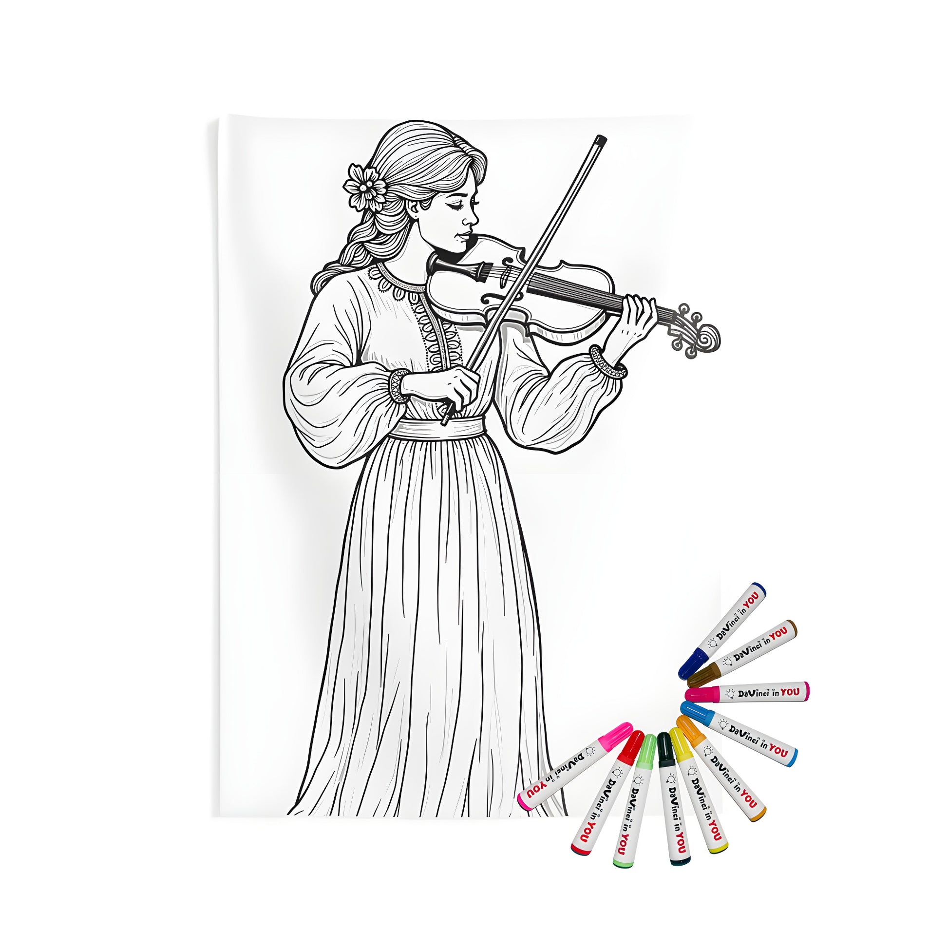 Indoor wall tapestry featuring a young girl playing a violin in a detailed long dress, perfect for music lovers and artistic expression enthusiasts