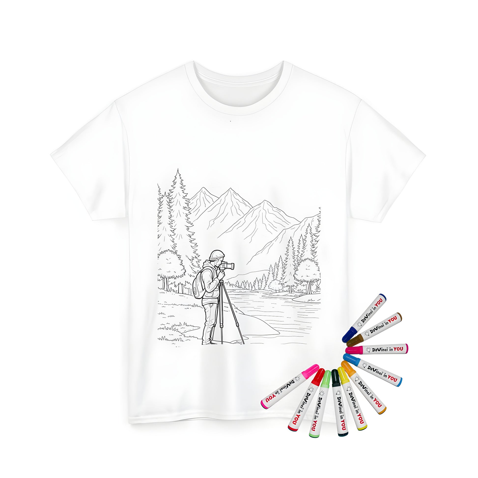 Unisex T-shirt with vibrant coloring page design of serene mountain landscape