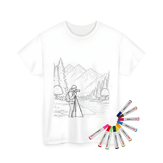 Unisex T-shirt with vibrant coloring page design of serene mountain landscape
