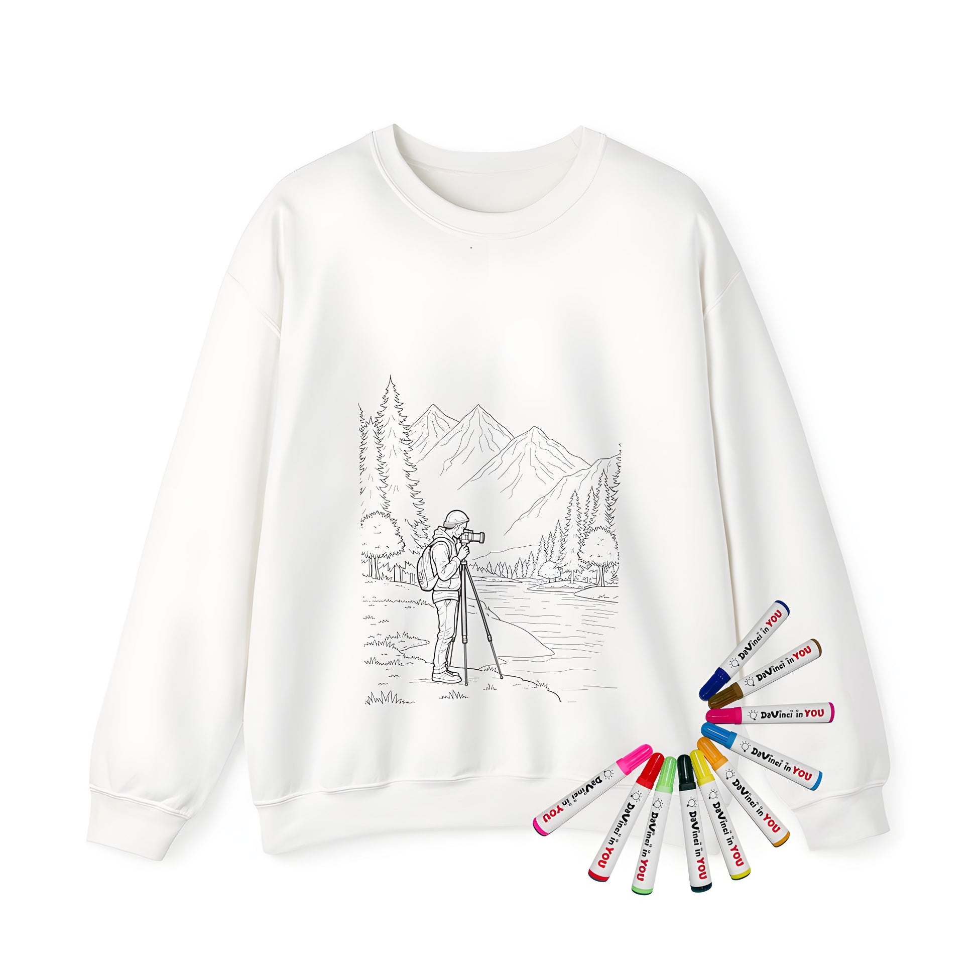 Adult sweatshirt featuring a serene mountain landscape with river and trees design