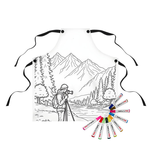 Apron with vibrant mountain landscape art, featuring a serene scene of hills, peaks, and trees, perfect for coloring enthusiasts