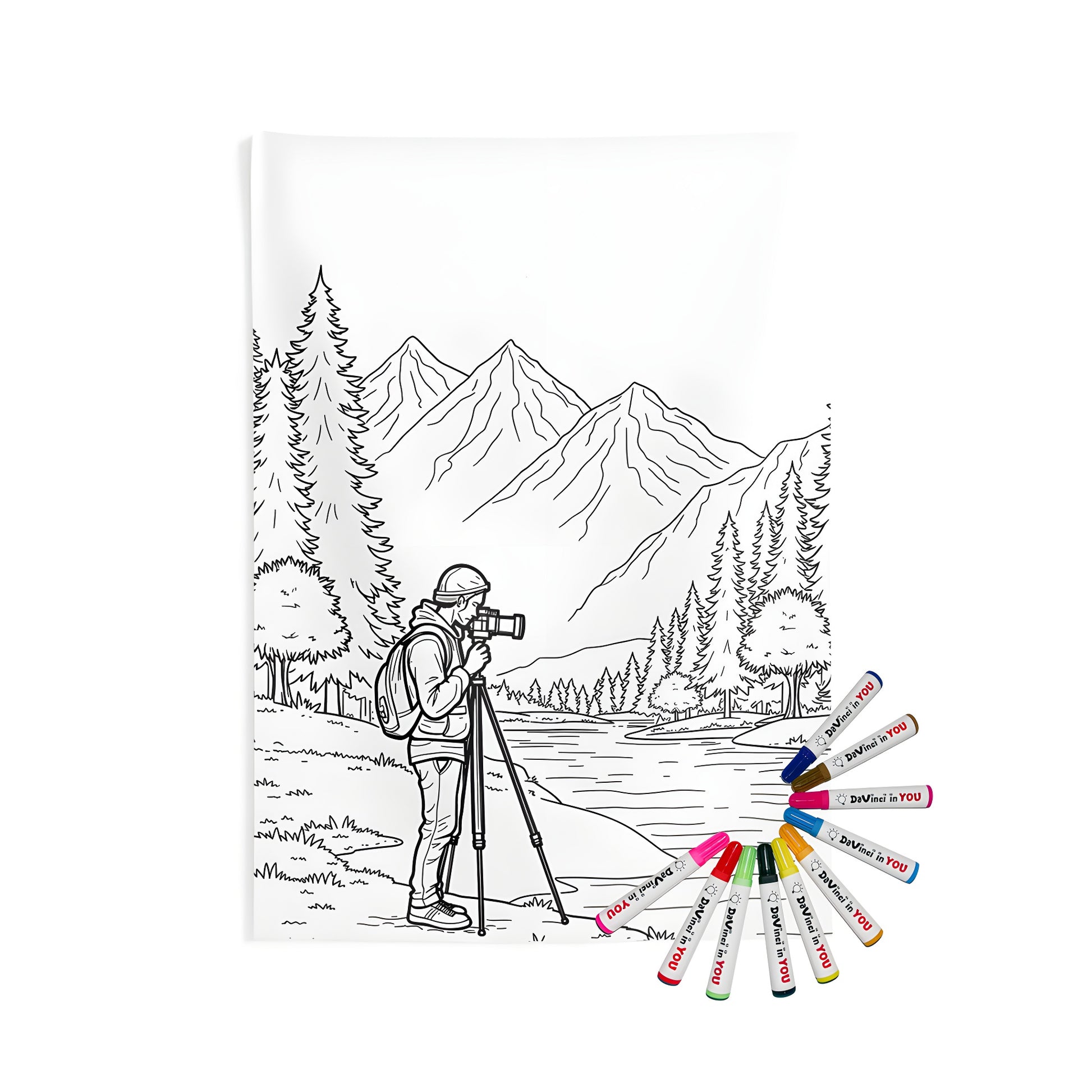 Indoor wall tapestry with coloring kit and fabric markers featuring a serene mountain landscape, hills, peaks, and mountain ranges for adult coloring enthusiasts