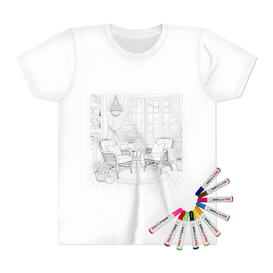 Kid's t-shirt coloring kit featuring a cozy indoor setting with wicker chairs, small table, and potted plants, perfect for a countryside cottage or rustic farmhouse decor