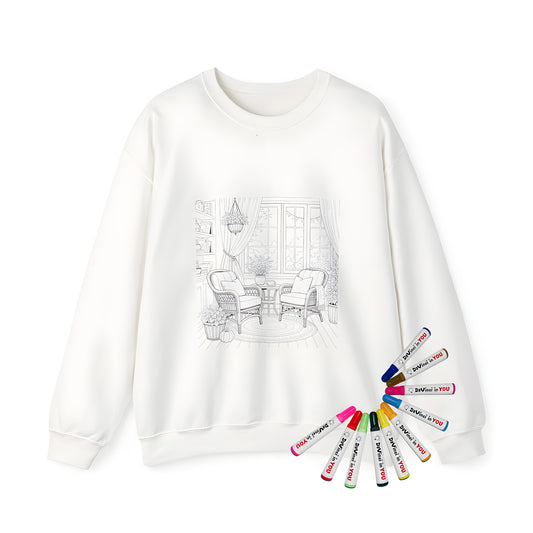 Adult sweatshirt with cozy cottage style coloring page design and 10 vibrant fabric markers