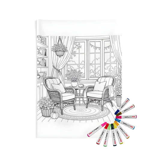 Cozy cottage-inspired indoor wall tapestry with wicker chairs and potted plants for a relaxing atmosphere