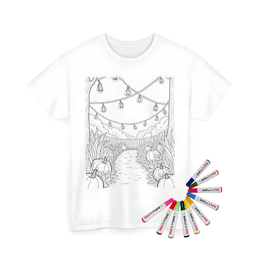 Adulting coloring kit for unisex t-shirts with 10 vibrant markers - serene garden scene featuring stone pathway lined with gourds, fall foliage and lanterns.
