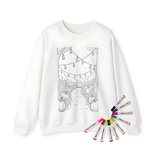 Adult sweatshirt featuring a serene garden scene with stone pathway, pumpkins, plants and lanterns under tree canopy