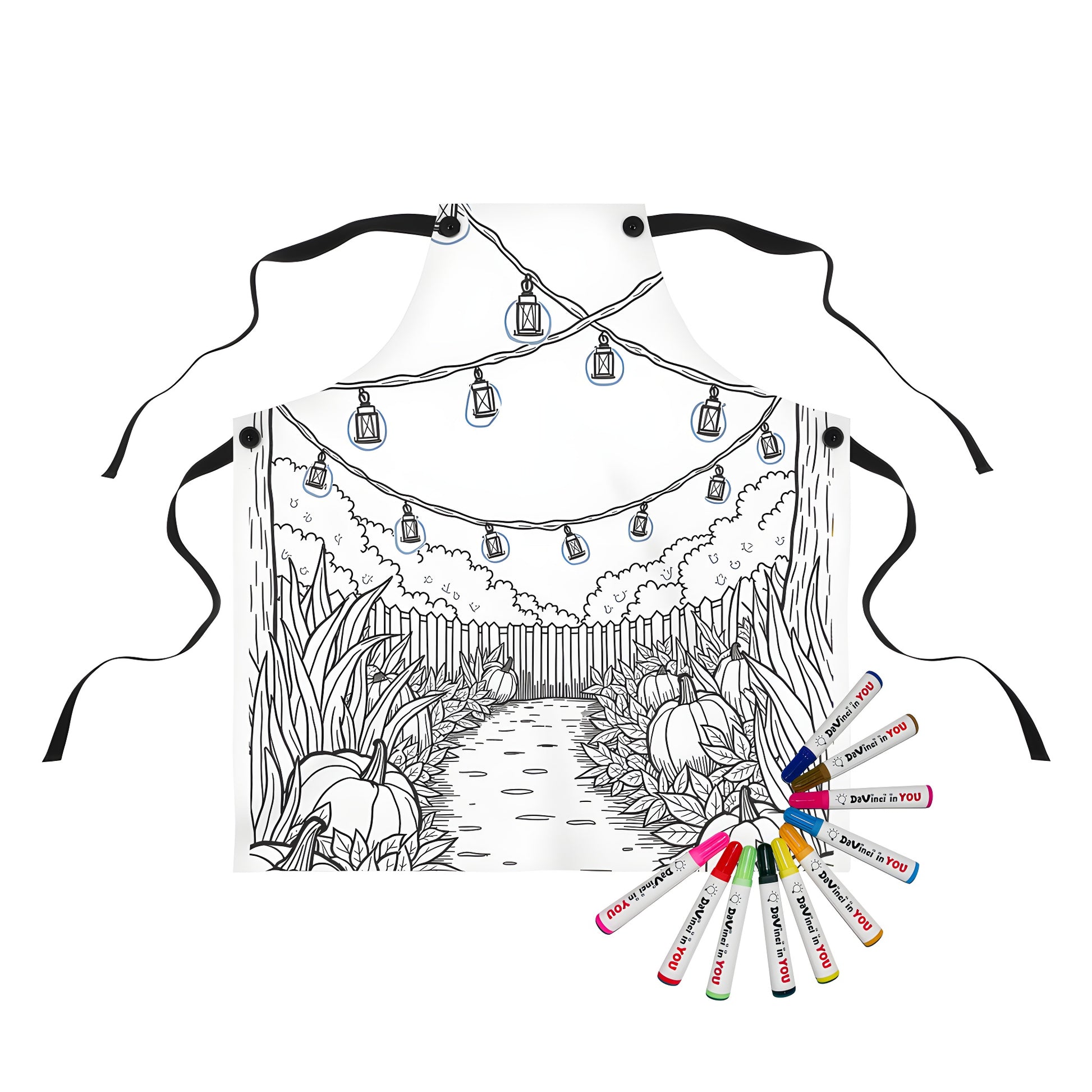 Serene garden scene apron with stone pathway, pumpkins, and leafy plants