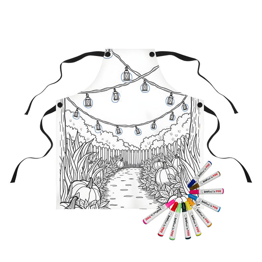 Serene garden scene apron with stone pathway, pumpkins, and leafy plants