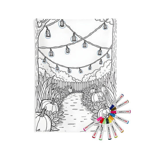 Indoor wall tapestries for sale featuring a serene garden scene with stone pathway lined with pumpkins and leafy plants under a tree canopy
