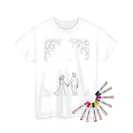 Unisex t-shirt with a beautiful couple design, embracing love under leafy trees