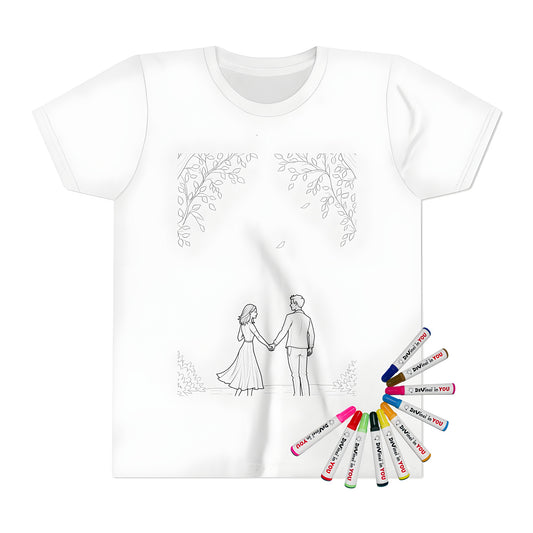 Kid's t-shirt with a loving couple under trees coloring page design
