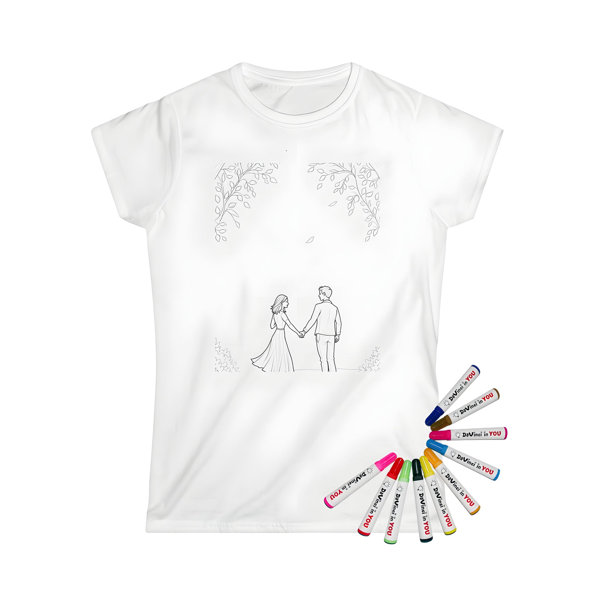 Women's t-shirt coloring kit with couple design, featuring a romantic scene of two people under leafy trees
