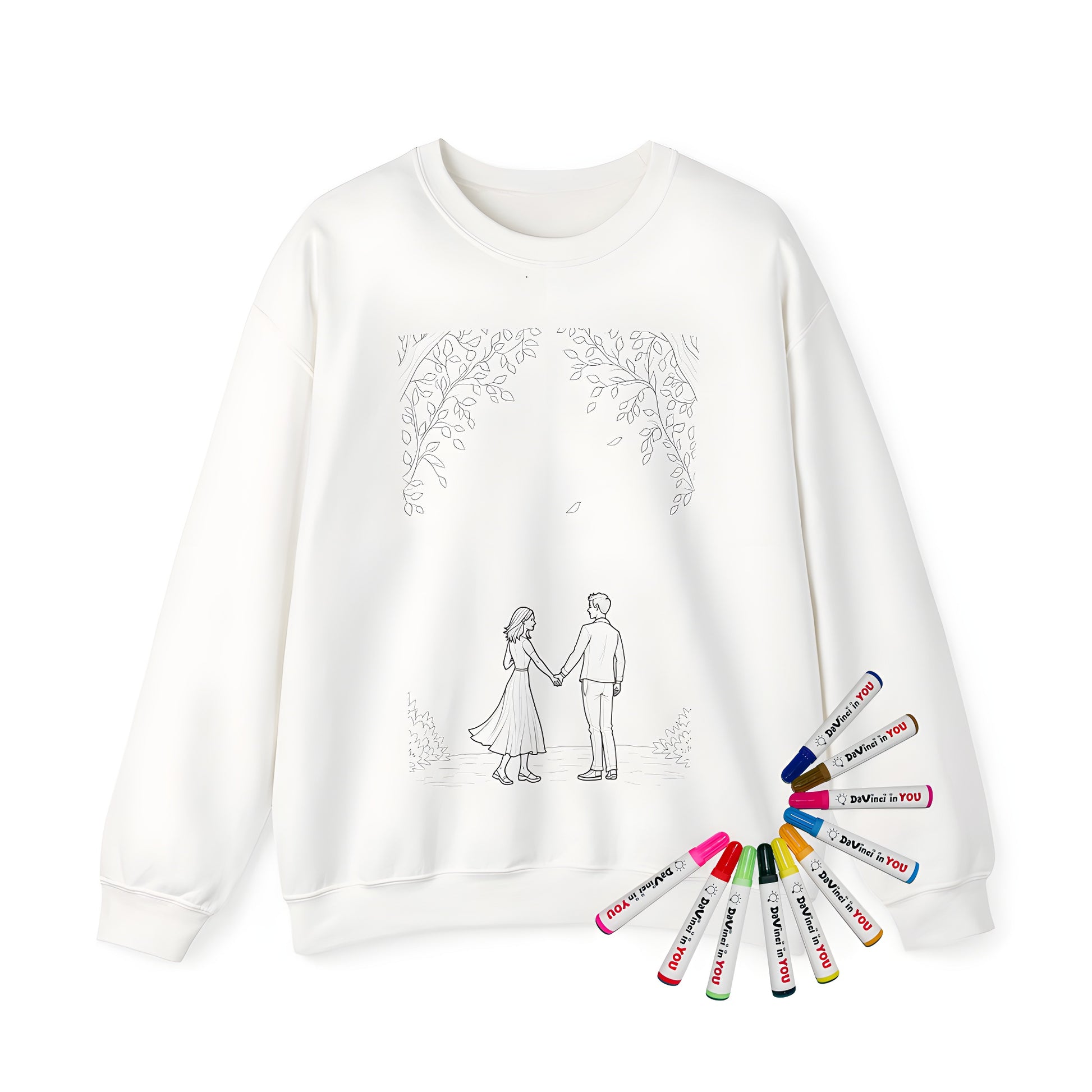Adult sweatshirt with romantic couple design under leafy trees, embracing love and nature