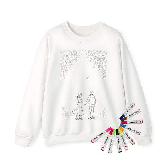 Adult sweatshirt with romantic couple design under leafy trees, embracing love and nature