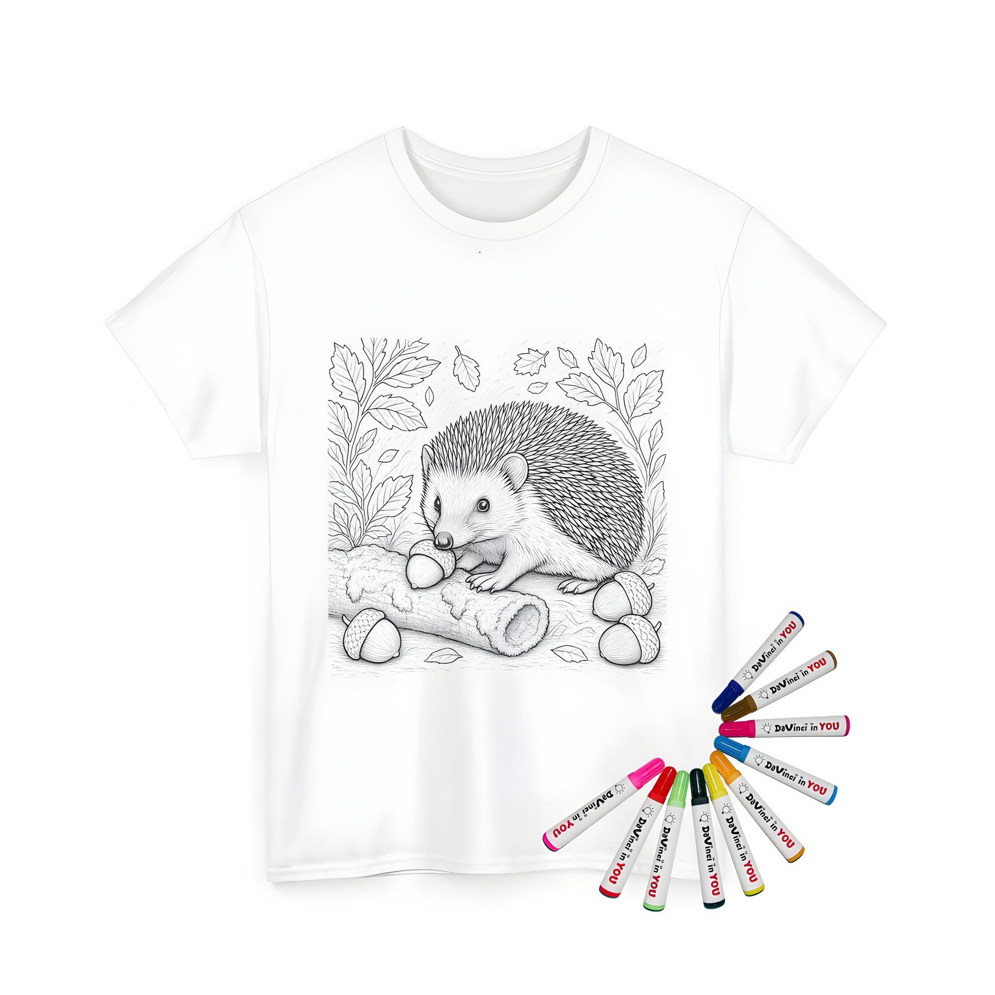 Unisex T-shirt featuring a detailed illustration of a hedgehog with an acorn in a forest setting. The perfect combination of art and fashion for kids and adults alike.
