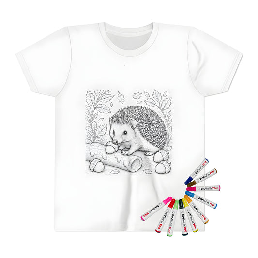 Kid's hedgehog graphic tee with forest illustrations for creative coloring fun with 10 fabric markers