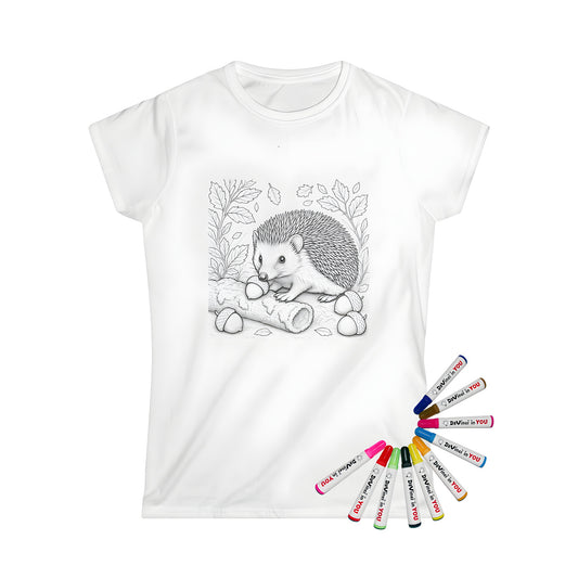 Women's graphic t-shirt featuring an adorable hedgehog illustration with forest details and acorns, perfect for animal lovers