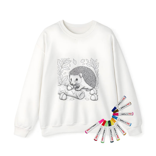 Adult coloring kit sweatshirt featuring an intricate hedgehog design with an acorn in a forest setting, complete with leaves and more acorns