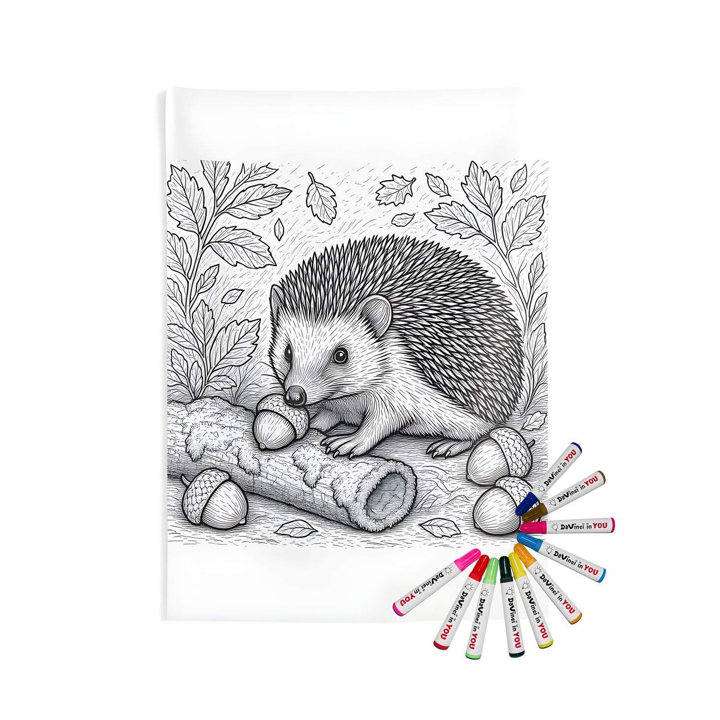 Detailed hedgehog illustration on an indoor wall tapestry with forest setting