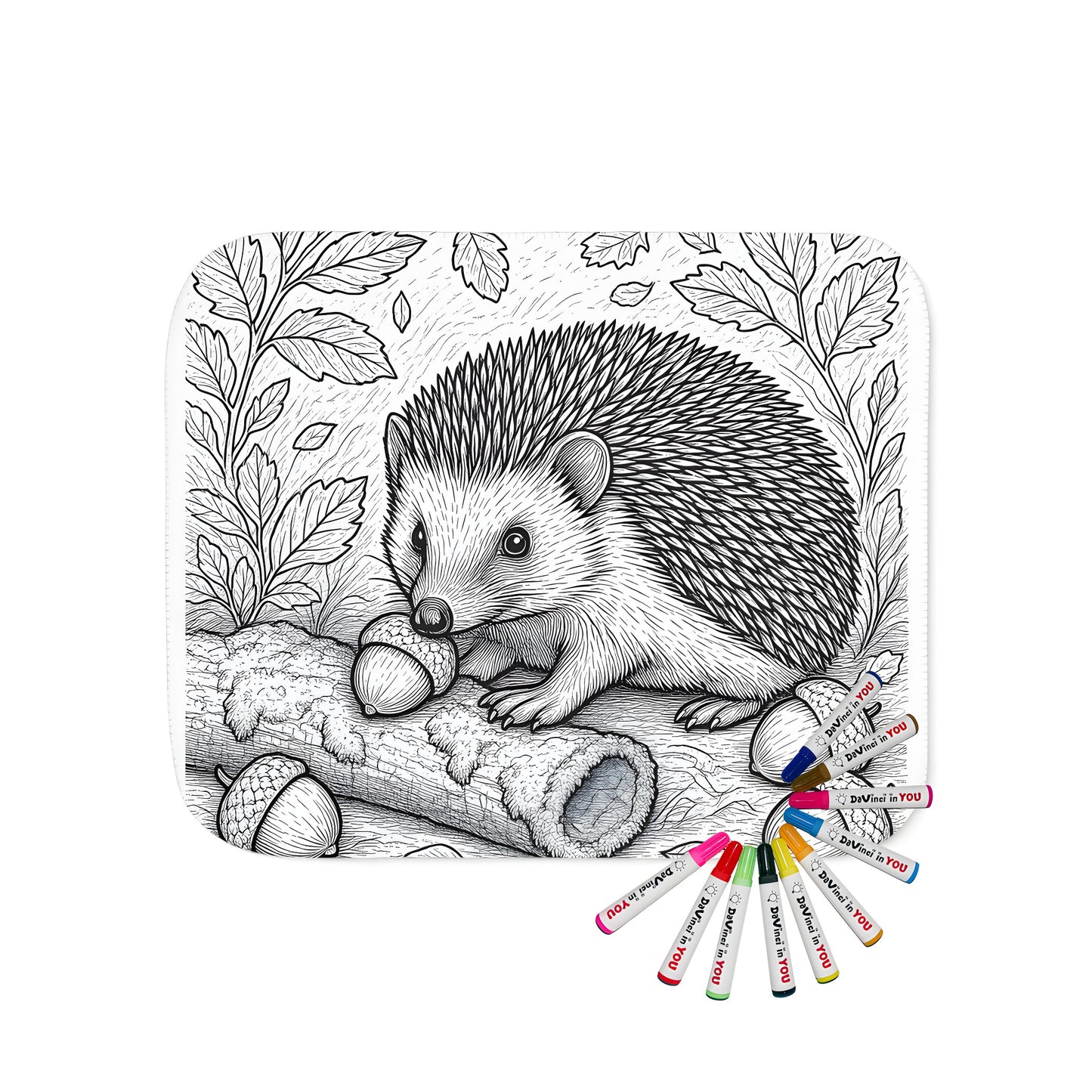 Coloring page inspired blanket featuring a detailed illustration of hedgehogs, forest animals and foliage