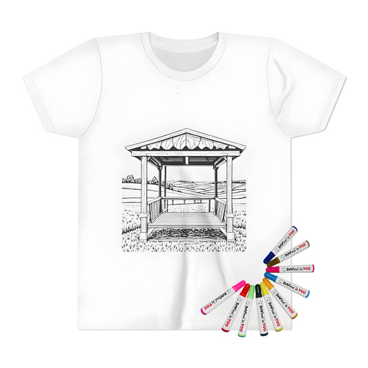 Kid's T-shirt with a peaceful gazebo scene featuring rolling hills and open skies
