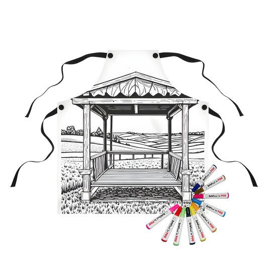 Apron with colorful wooden gazebo design on a serene backdrop