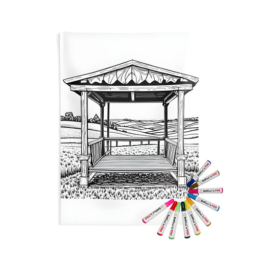Indoor wall tapestries coloring kit with detailed gazebo design for relaxation and stress relief