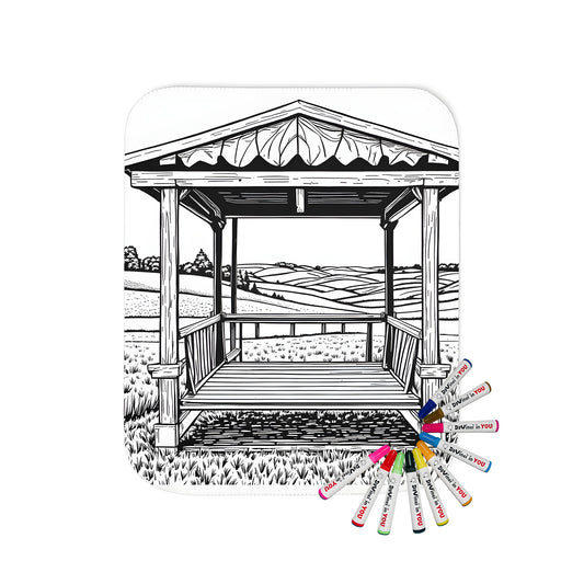 Cozy blanket with vibrant gazebo scene featuring a wooden pavilion amidst rolling hills and open skies