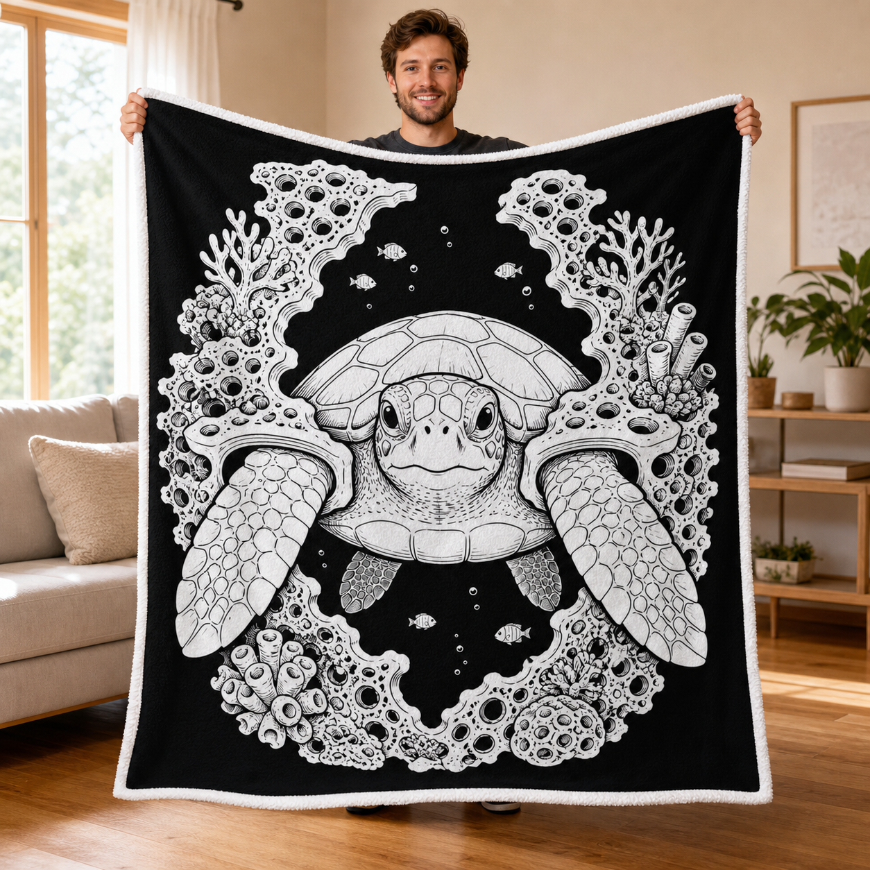White color-your-own sherpa blanket displayed by an adult