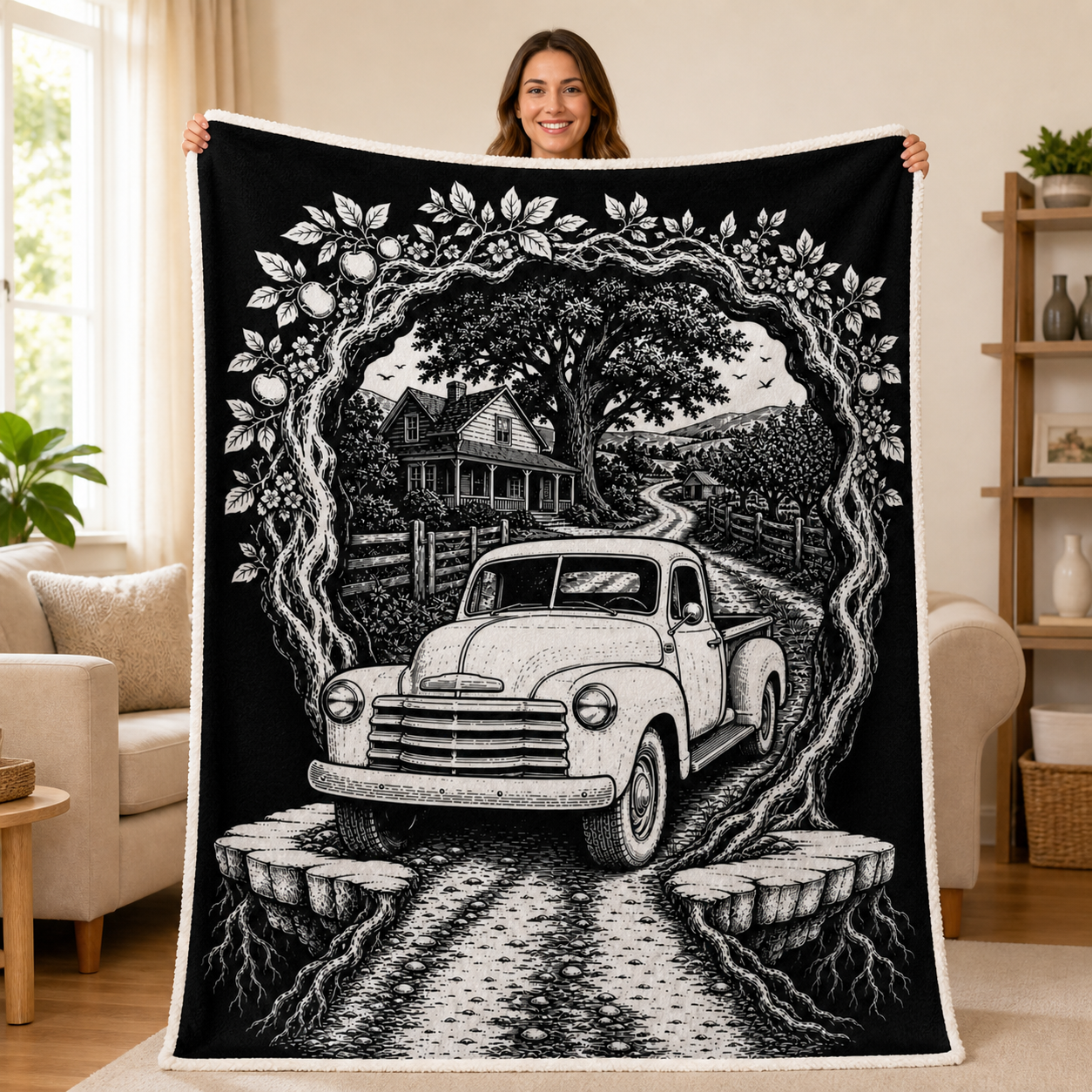 White color-your-own sherpa blanket displayed by an adult
