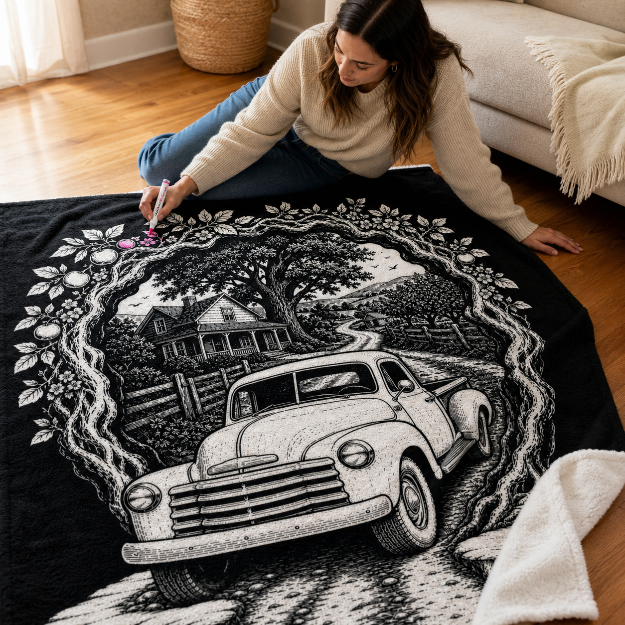 Adult coloring a White color-your-own sherpa blanket with a fabric marker