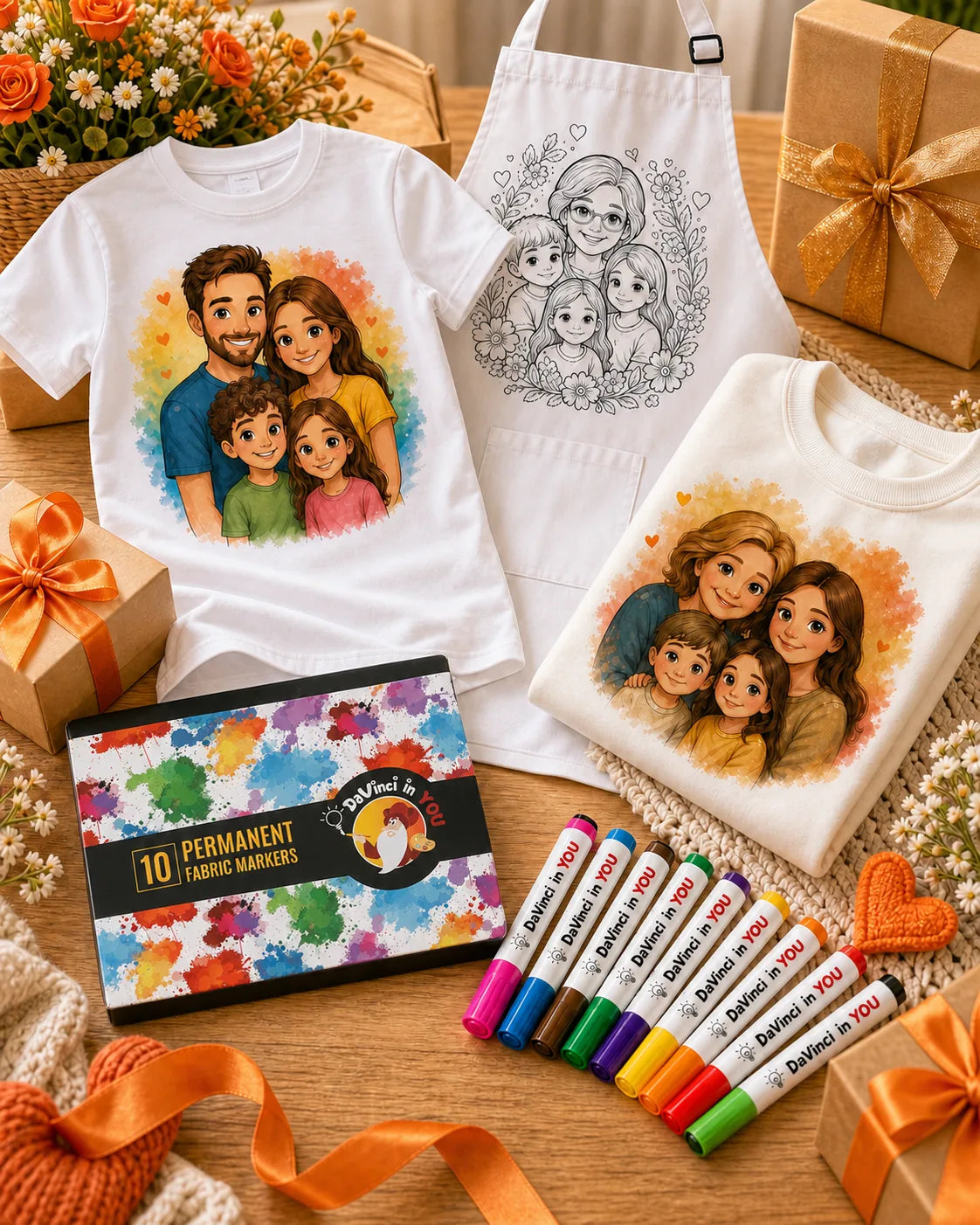 Personalized apparel with coloring artwork and a fabric marker set.