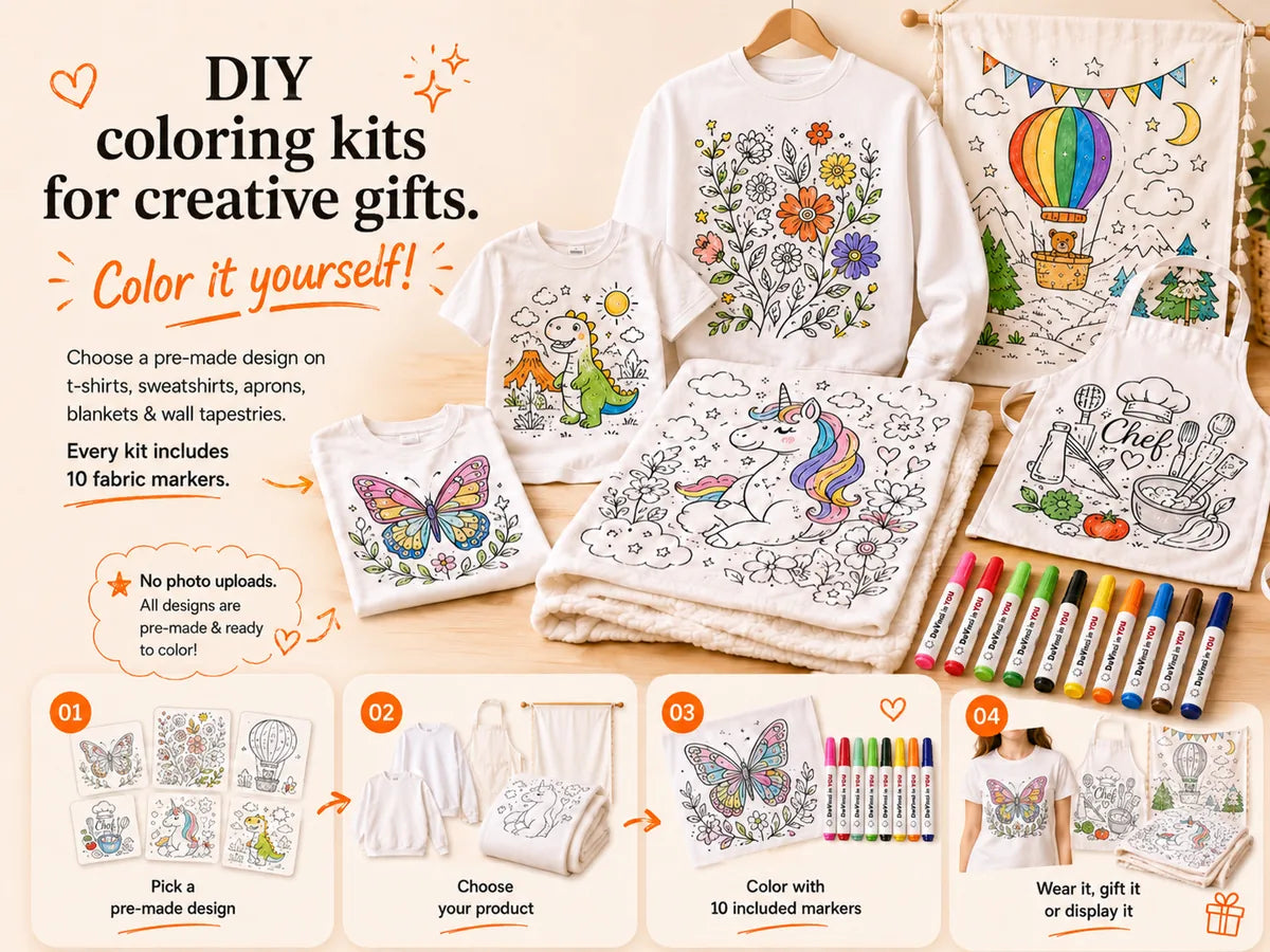 DIY coloring kits with t-shirts, blankets, aprons, wall tapestry, and fabric markers