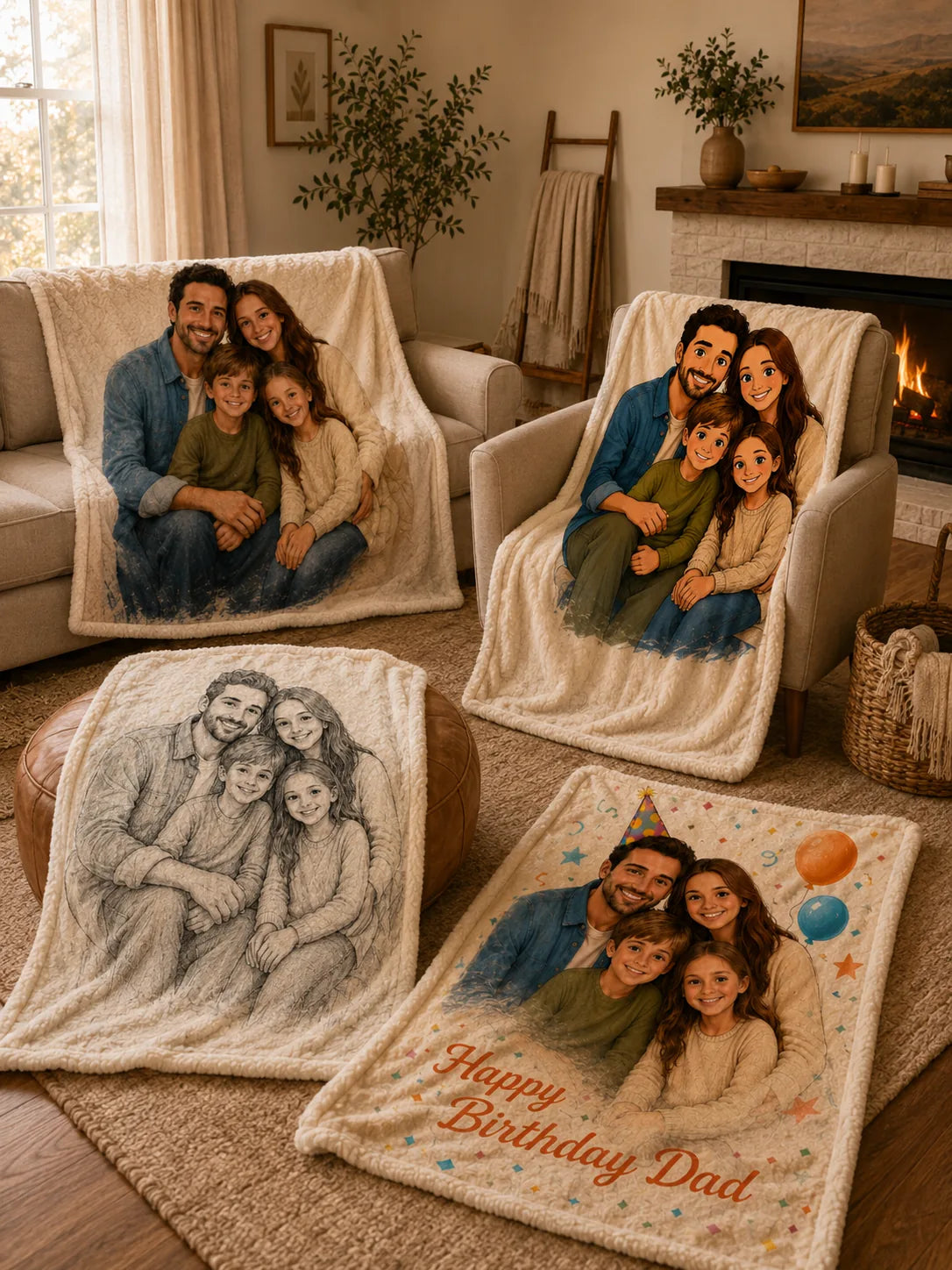 Custom photo blanket shown as photo, cartoon, coloring, and birthday blanket styles.