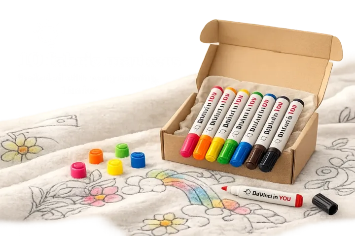 Ten fabric markers arranged in a row.