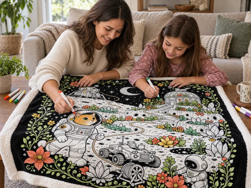 Mother and daughter coloring a cat-astronaut fabric blanket