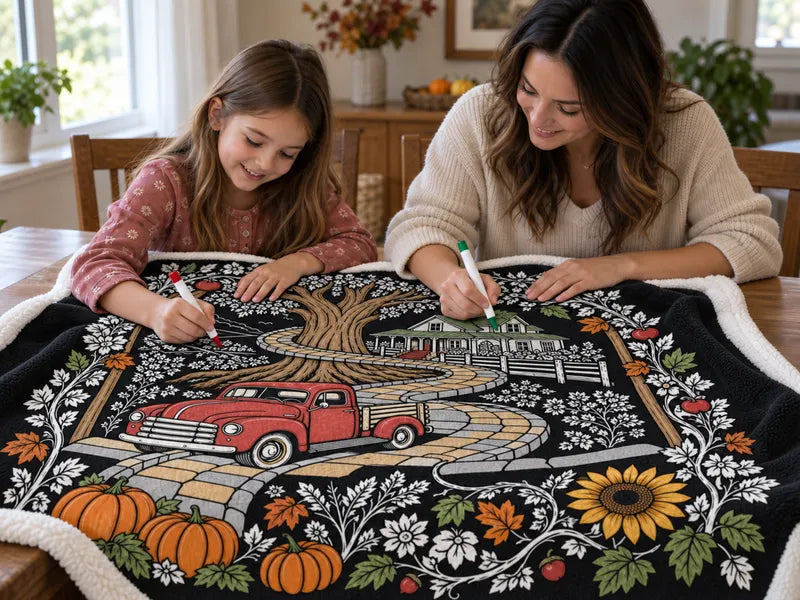 Mother and daughter coloring a farmhouse and vintage-truck fabric blanket