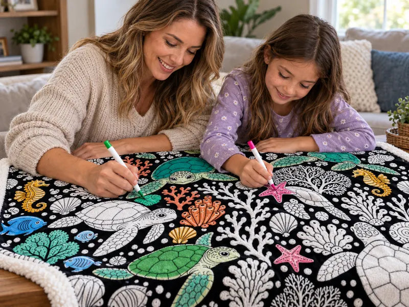 Mother and daughter coloring a partly colored sea-turtle fabric blanket
