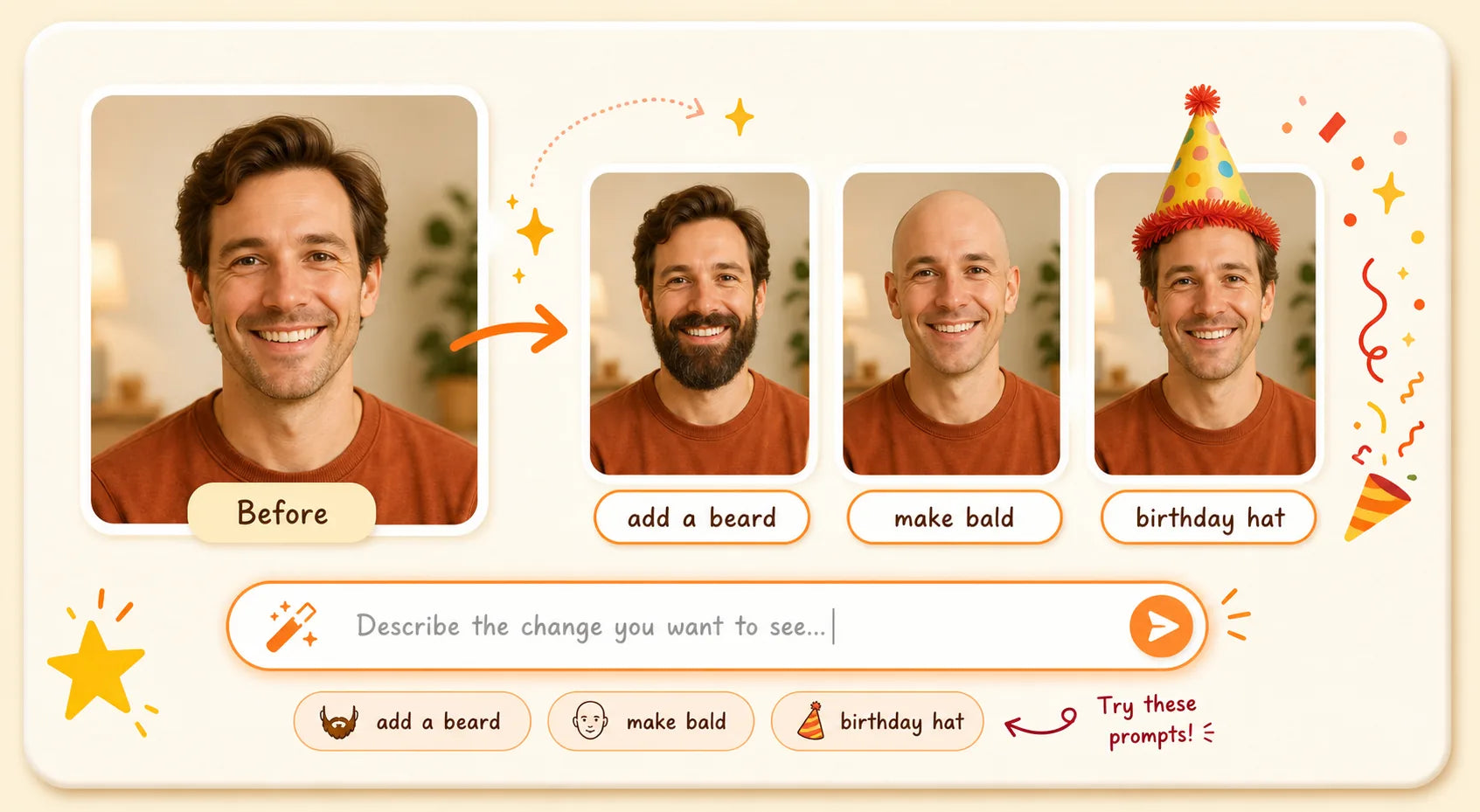 Prompt edit interface showing a portrait changed with a beard, bald head, and birthday hat.